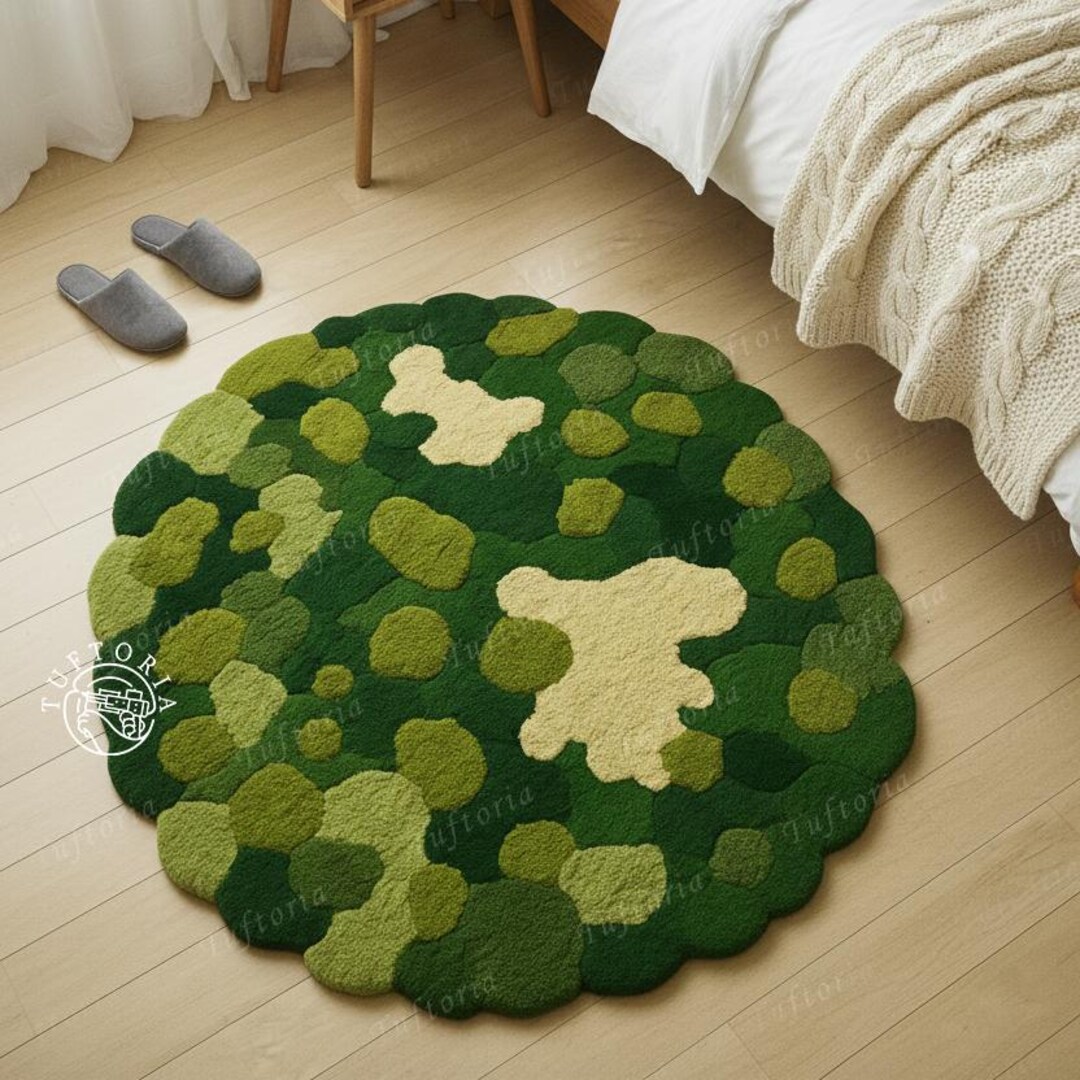 Hand Tufted Moss Rug, Round Green Forest Carpet, 3D Textured Wool Area ...