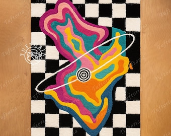 Hand-Tufted Wool Rug, Melting Checkerboard, Psychedelic Y2K Decor