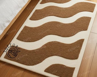Hand Tufted Wool Area Rug | Brown Cream Wavy 70s Retro
