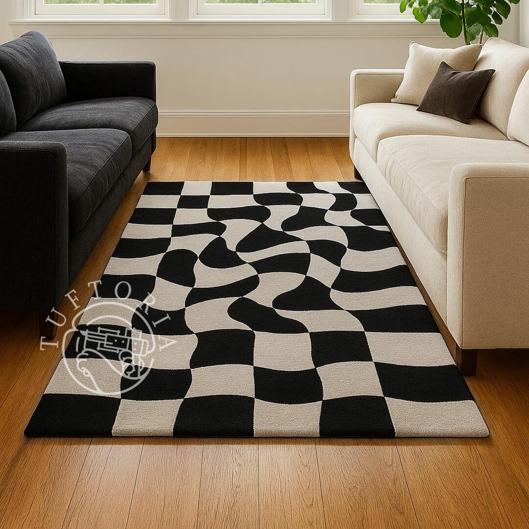 Wavy Checkerboard Rug, Black and White Hand Tufted Wool Rug, Trippy ...