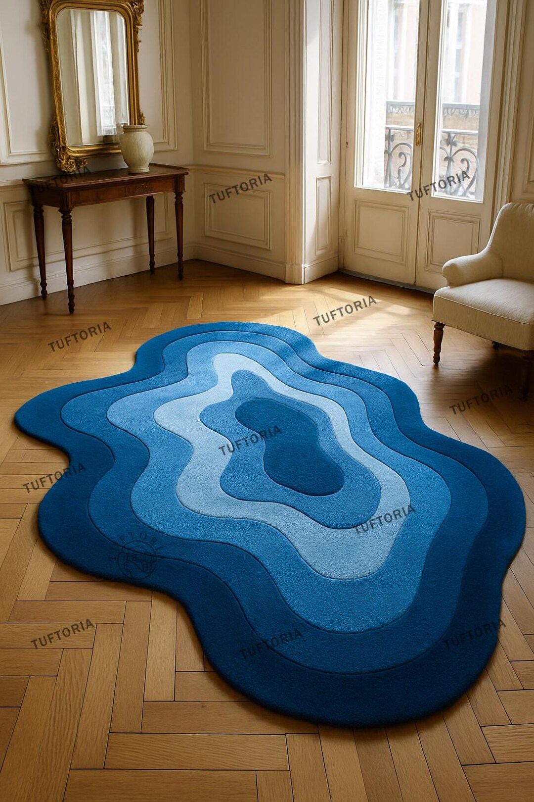 Hand Tufted Wool Rug – Abstract Blue Wavy Topographic Design - Etsy