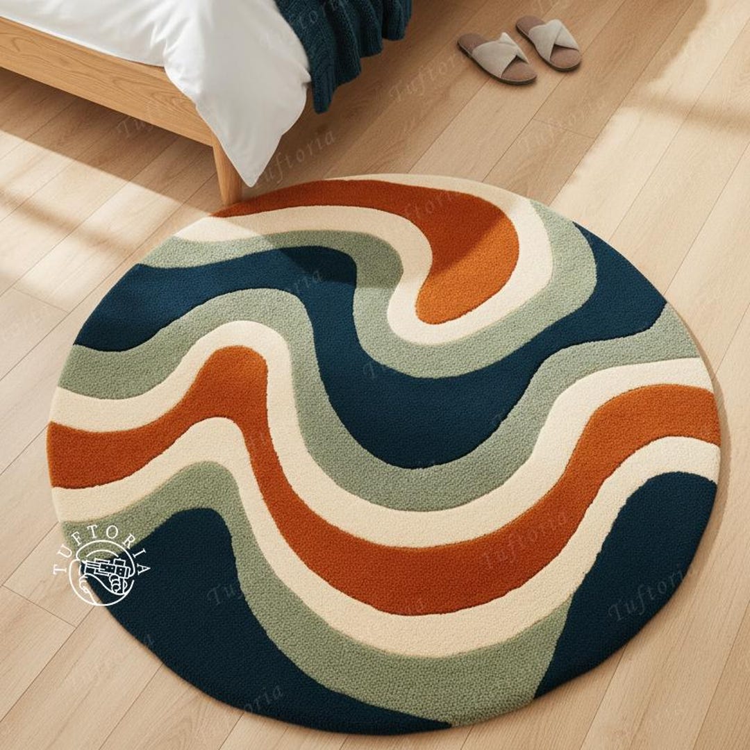 Retro Round Rug Hand Tufted Wool, Mid Century Modern Circle Carpet, 70s ...