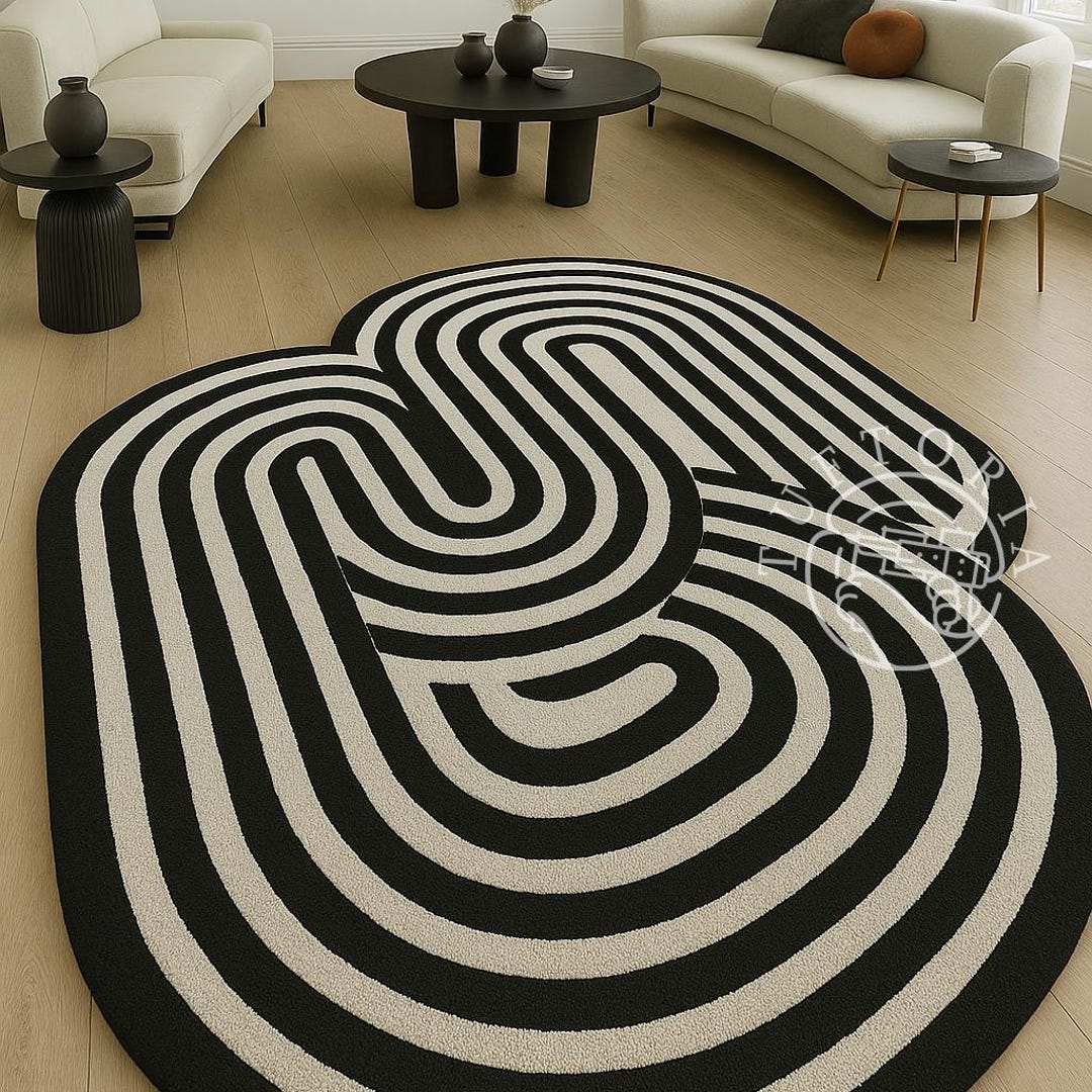 Opeth Rug Hand Tufted Op Art Rug, Black Cream Optical Illusion Area Rug, 70s ...