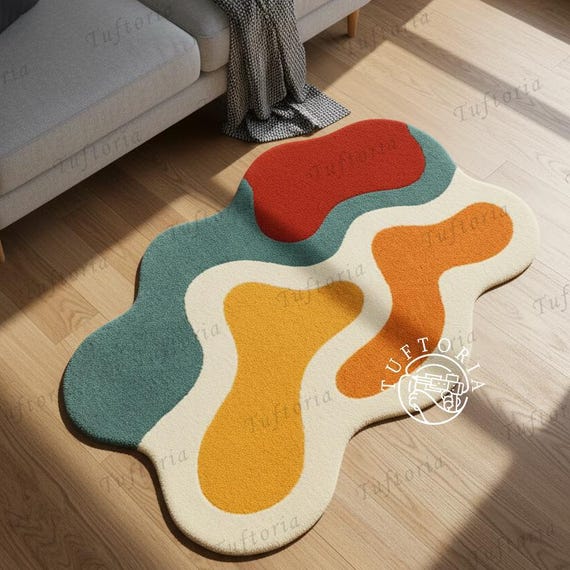 Abstract Wavy Rug, Hand Tufted Wool Area Rug, Funky Irregular Shape, Retro 70s Decor, Colorful Living Room Floor Mat, Unique Gift