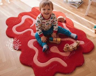 Hand Tufted Wool Rug, Red Pink Wavy Abstract Rug, Funky Decor