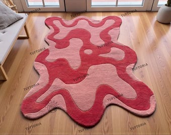 Hand Tufted Pink Abstract Rug, Wavy Irregular Wool Area Rug for Living Room, Funky Danish Pastel Y2K Decor, Cute Melting Aesthetic Bedroom
