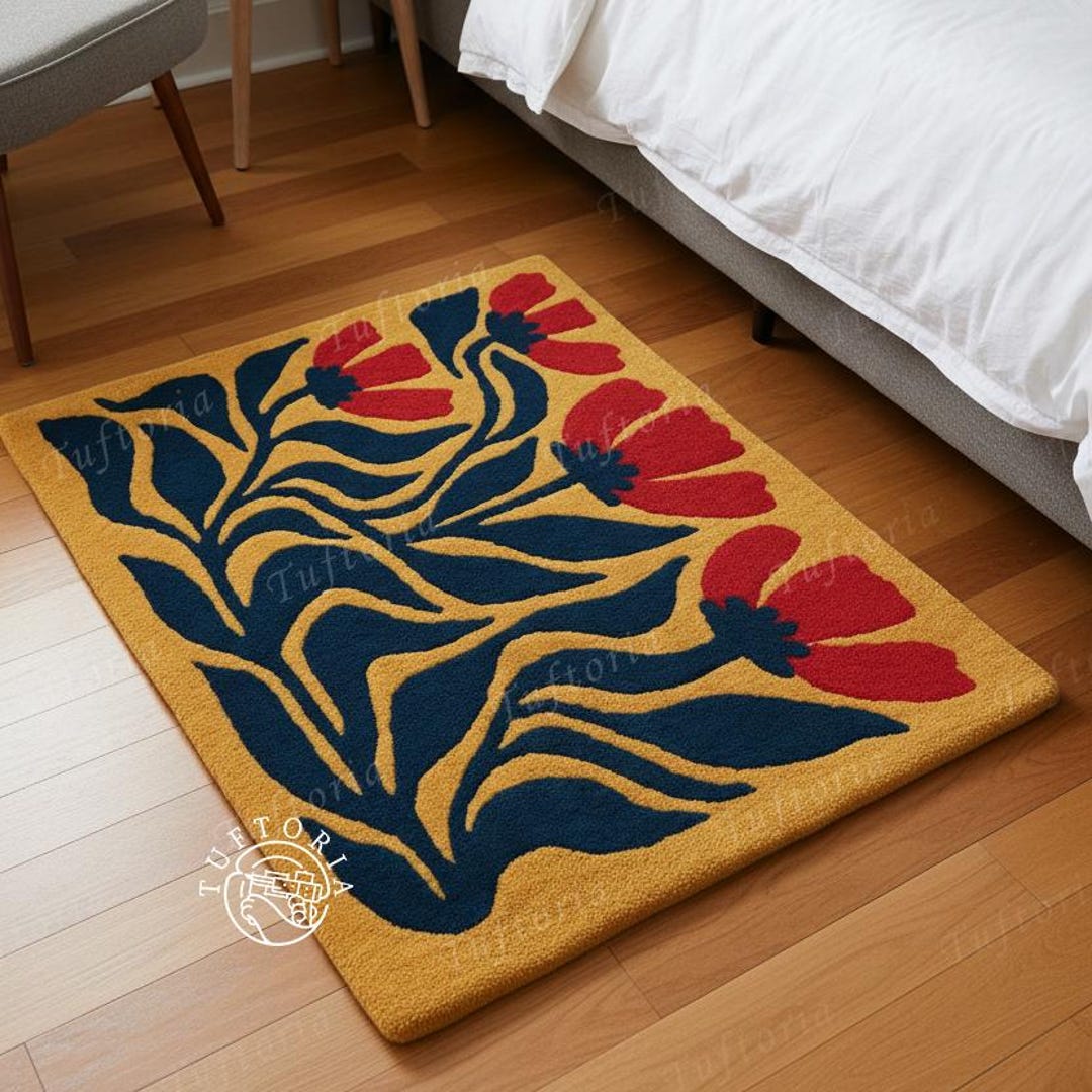 Hand Tufted Rug, Yellow Floral Wool Area Rug, Navy Blue & Red Botanical ...