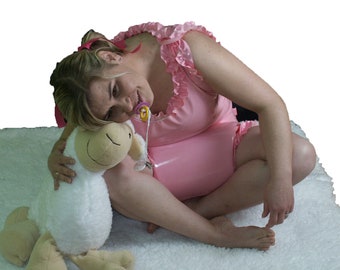 Rikka Spreizbody mit Rüschen ABDL Spreizhose spredingpants  - Rosa hellblau oder rosa Vinyl
