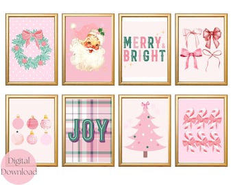 Pink Christmas afdrukbare muurkunst, set van 8 printables, pastel kerstdecor, kerstprintsets, roze kerst, vintage kerst