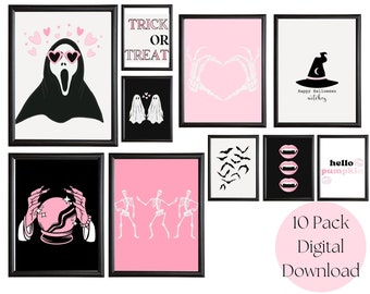 Pink Halloween Wall Art Set of 10 Printables, Girly Halloween Decor, Halloween Print Sets, Skeleton Prints, Scream Prints, Pastel Halloween