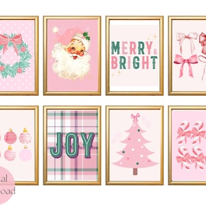 Pink Christmas Printable Wall Art, Set of 8 Printables, Pastel Christmas Decor, Christmas Print Sets, Pink Christmas, Vintage Christmas