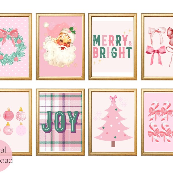 Pink Christmas Printable Wall Art, Set of 8 Printables, Pastel Christmas Decor, Christmas Print Sets, Pink Christmas, Vintage Christmas