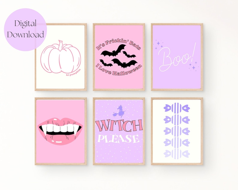 May include: Set of six printable Halloween themed wall art prints in pink and purple. The prints feature a pumpkin, bats, the words "It's Frickin' Bats I Love Halloween", "Boo", a vampire mouth, a witch with a broom, and candy corn.
