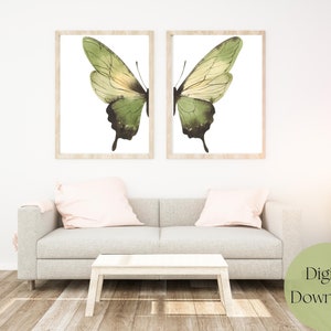 Emerald Green Butterfly Set of 2 Wall Art, Botanical Decor, Watercolor Butterfly, Printable Botanical Decor, Emerald Green Home Decor