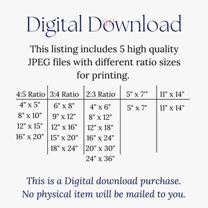 Op de afbeelding: Een tabel met verschillende formaten digitale, afdrukbare JPEG-bestanden in vijf beeldverhoudingen: 4:5, 3:4, 2:3, 5" x 7" en 11" x 14". De tekst "This listing includes 5 high quality JPEG files with different ratio sizes for printing." staat boven de tabel. De tekst "This is a Digital download purchase. No physical item will be mailed to you." staat onder de tabel.