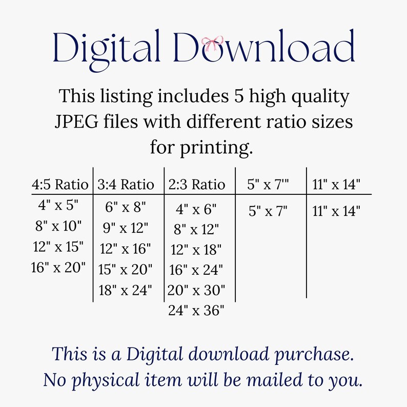 Op de afbeelding: Een tabel met verschillende formaten digitale, afdrukbare JPEG-bestanden in vijf beeldverhoudingen: 4:5, 3:4, 2:3, 5" x 7" en 11" x 14". De tekst "This listing includes 5 high quality JPEG files with different ratio sizes for printing." staat boven de tabel. De tekst "This is a Digital download purchase. No physical item will be mailed to you." staat onder de tabel.