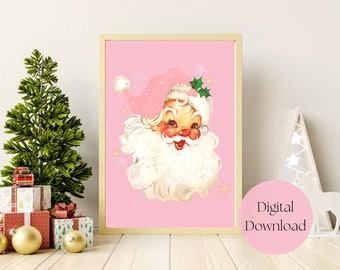 Pink Christmas Printable Wall Art, Pastel Christmas Decor, Vintage Christmas Decor, Vintage Santa Decor, Pink Christmas, Pastel Christmas