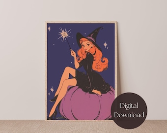 Vintage Halloween Wall Art, Retro Halloween Print, Retro Witch Wall Art, Retro Witch Wall Decor, Halloween Wall Art, Halloween Poster