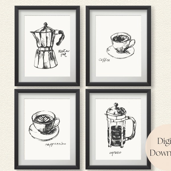 Juego de arte de pared de café, Conjunto de 4 juegos de arte de pared, Arte de pared minimalista, Arte de pared de café mínimo, Conjunto de arte de pared en blanco y negro, Arte de pared de cafetería