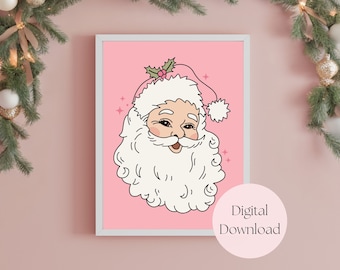 Pink Christmas Printable Wall Art, Pastel Christmas Decor, Vintage Christmas Decor, Pastel Christmas, Vintage Santa Decor, Pink Christmas