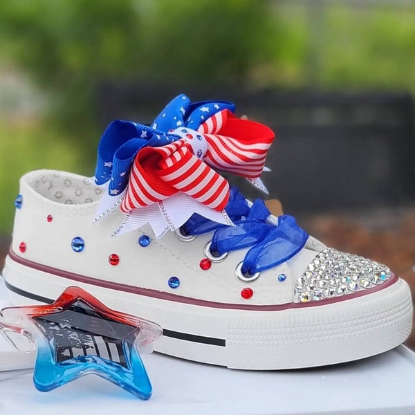 Red, white, and blue toddler canvas shoes, swarovski crystals, patriotic shoes, 4th of july shoes, pageant shoes, glitz , photo shoot shoes