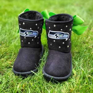 Toddler Seahawk Inspired Fur Boots, Black Fur Boots, Crystals, Rhinestone, Birthday Shoe, Toddler Shoe, Sports Fan, Christmas gift
