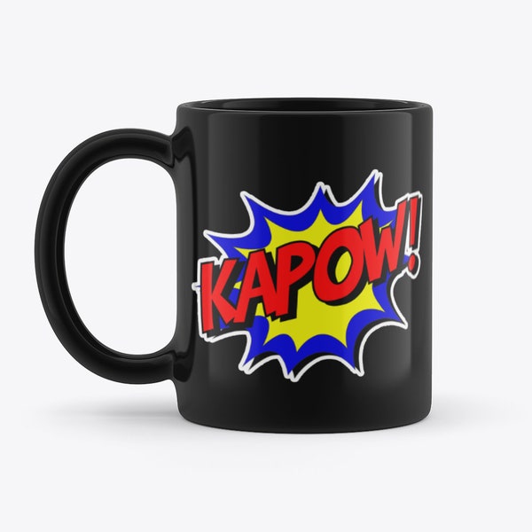 Kapow! Comic Book Superhero Novelty Gift Black 11oz Coffee Tea Mug