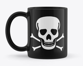 Crânio e ossos cruzados Jolly Roger Pirate novidade presente preto caneca de chá de café de 11 onças
