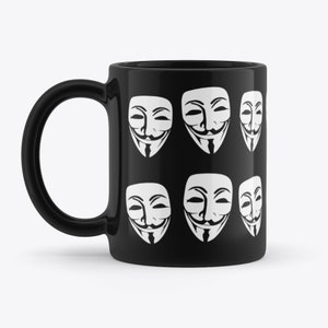 May include: Black ceramic coffee mug with a white repeated pattern of the Anonymous mask.