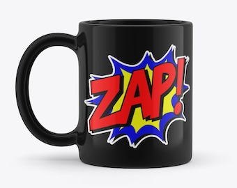 Zap! Comic Book Superhero Novelty Gift Black 11oz Coffee Tea Mug