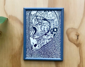 Ear of Van Gogh, Small Wall Art, Silkscreen print in wooden frame, Framed Eclectic decor, Mexican inspired, Folk art and Tarot, Witchy stuff