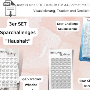 Op de afbeelding: Een set van drie printbare PDF-bestanden voor een "Huishouden" spaaruitdaging. Elke PDF bevat een visuele tracker, een uitdagingsblad en een voorblad. De uitdagingsbladen bevatten pictogrammen voor een wasmachine, een vaatwasser en een oven.