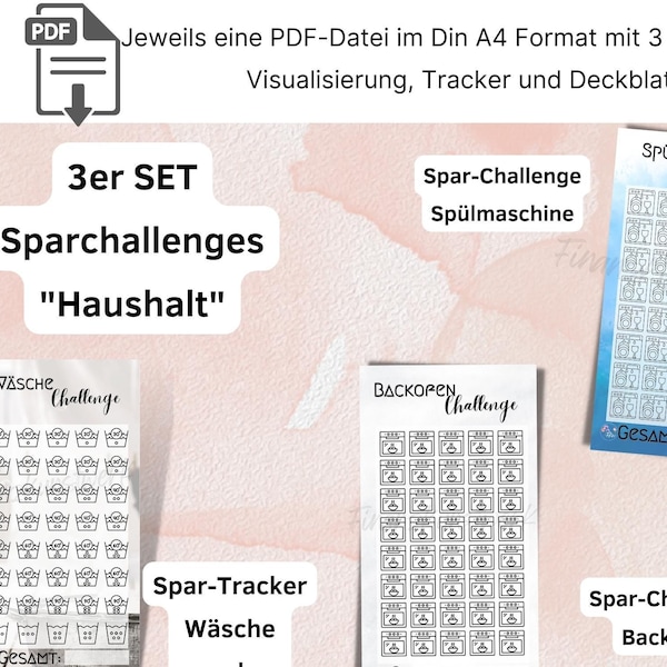 Ensemble de 3 modèles d'épargne du défi de l'épargne des ménages comprenant un tracker et un tableau de bord, adaptés aux classeurs de budget A6, au lave-vaisselle, à la lessive, au four