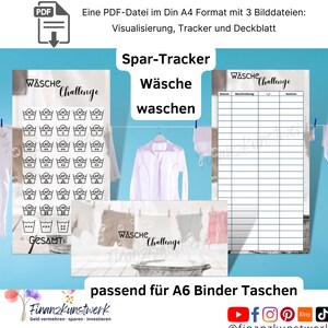 Mall för tvättbesparingsutmaning inklusive spårningsmapp och instrumentpanel, lämplig för A6-budgetpärmar, digital nedladdning, utmaning