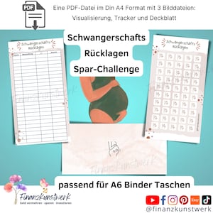 Könnte beinhalten: Ein druckbares PDF-Dokument für eine Schwangerschafts-Spar-Challenge. Das Dokument enthält einen Tracker, eine Visualisierung und ein Deckblatt. Das Deckblatt zeigt eine schwangere Frau in einem pfirsichfarbenen Badeanzug. Der Text auf dem Deckblatt lautet "Schwangerschafts Rücklagen Spar-Challenge".