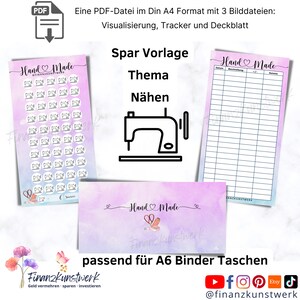 Puede incluir: Un archivo PDF imprimible para un rastreador de ahorros con temática de costura. El archivo incluye tres páginas: una página de visualización con iconos de máquinas de coser, una página de seguimiento con una cuadrícula para registrar los ahorros y una página de portada con un fondo de acuarela y el texto "Hand Made". El archivo está diseñado para adaptarse a los bolsillos de las carpetas A6.