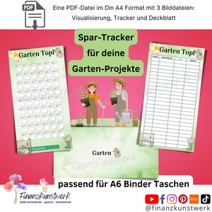 May include: A printable PDF file for a garden tracker. The file includes three pages: a visualization page with a grid of 100 pots, a tracker page with a table for recording dates, descriptions, and amounts, and a cover page with a title that says "Spar-Tracker für deine Garten-Projekte".