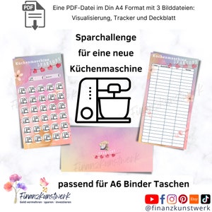 May include: A printable PDF document for a kitchen appliance savings challenge. The document includes a tracker, a visualization, and a cover sheet. The cover sheet features a pink and purple gradient background with a black and white illustration of a stand mixer. The text "Sparchallenge für eine neue Küchenmaschine" is written in black text on the cover sheet. The document is designed to fit in A6 binder pockets.