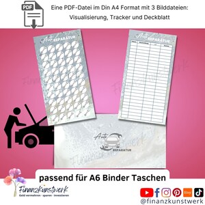 Puede incluir: Un archivo PDF imprimible para carpetas de anillas A6 con un tema de reparación de automóviles. El archivo incluye tres páginas: un rastreador visual, una lista de verificación y una hoja de portada. La hoja de portada presenta un fondo de mármol gris y blanco con el texto "Auto Reparatur" y un pequeño icono de automóvil.