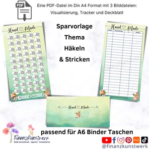 Savings challenge with crochet, knitting, and handicrafts: Savings template including tracker and dashboard, suitable for A6 budget binders, digital download.