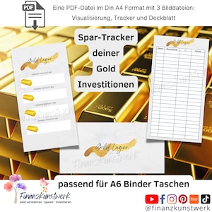 Op de afbeelding: Een printbaar PDF-document voor het bijhouden van gouden investeringen. Het document bevat een goudstaaf-tracker, een gouden investerings-tracker en een omslagblad. Het document is ontworpen om in een A6-map te passen.