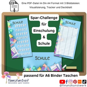 Könnte beinhalten: Eine druckbare PDF-Datei für eine Schul-Spar-Challenge. Die Datei enthält drei Seiten: einen visuellen Tracker, einen Tracker und ein Deckblatt. Das Deckblatt zeigt einen blauen Hintergrund mit bunten Schulutensilien und den Text "Spar-Challenge für Einschulung & Schule". Der Text "passend für A6 Binder Taschen" befindet sich am unteren Rand der Seite.