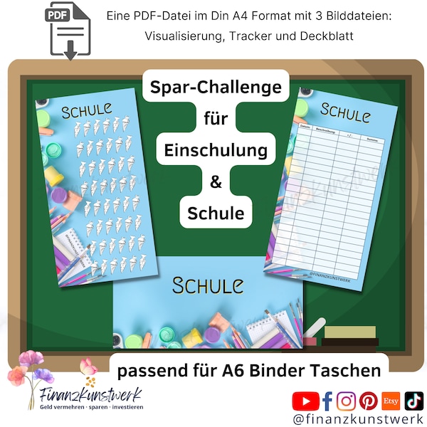 Save School & Einschulung Challenge Saving template incl. tracker and dashboard, suitable for A6 budget binder, digital download, challenge