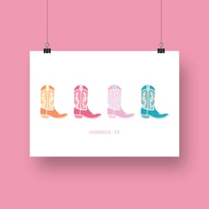 Lubbock, Texas TX Tech College, Preppy, Colorful Cowboy Boot Digital Wall Art