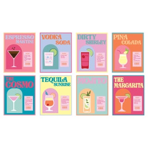 SET OF 8 Cocktail Drink, Colorful Bar Poster Set - Digital File