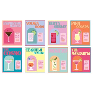 CONJUNTO DE 8 cócteles, colorido juego de carteles para bar, archivo digital