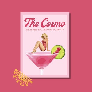 コスモポリタン バー カート アート プリント/ポスター - 今夜は何を飲みますか? ピンク 2 デジタル ファイル