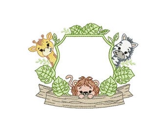 Frame baby Animals Safari Embroidery Design, Animal Embroidery Design, Machine Embroidery Design, 2 Sizes, Instant Download