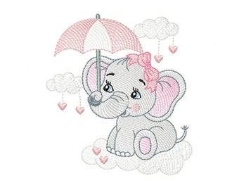 Motif de broderie éléphant bébé fille, motif de broderie animal, motif de broderie machine, 4 tailles, téléchargement immédiat