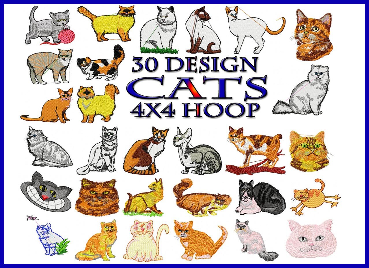 Bundle 30 chats motif de broderie Machine, cerceau de 4 x 4 tailles, formats de fichier en pes, dst, jef, xxx, exp, vip, vp3